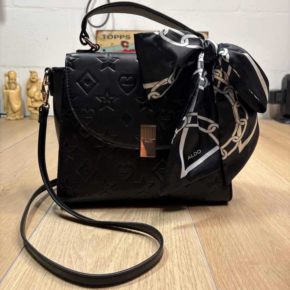 Y2K Aldo Black Embossed Star Heart Crossbody Bag Scarf Gold Hardware Inspired